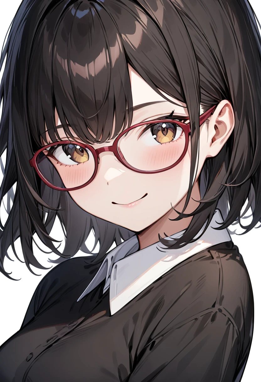 masterpiece, best quality, very aesthetic, absurdres,
1girl, solo, black hair, medium hair, smile, looking at viewer, upper body, collared shirt,
oval_cell, glasses, red-framed eyewear, 
white background, simple background,
 <lora:oval_glasses_cell-frame1_SDXL_V1:0.8>