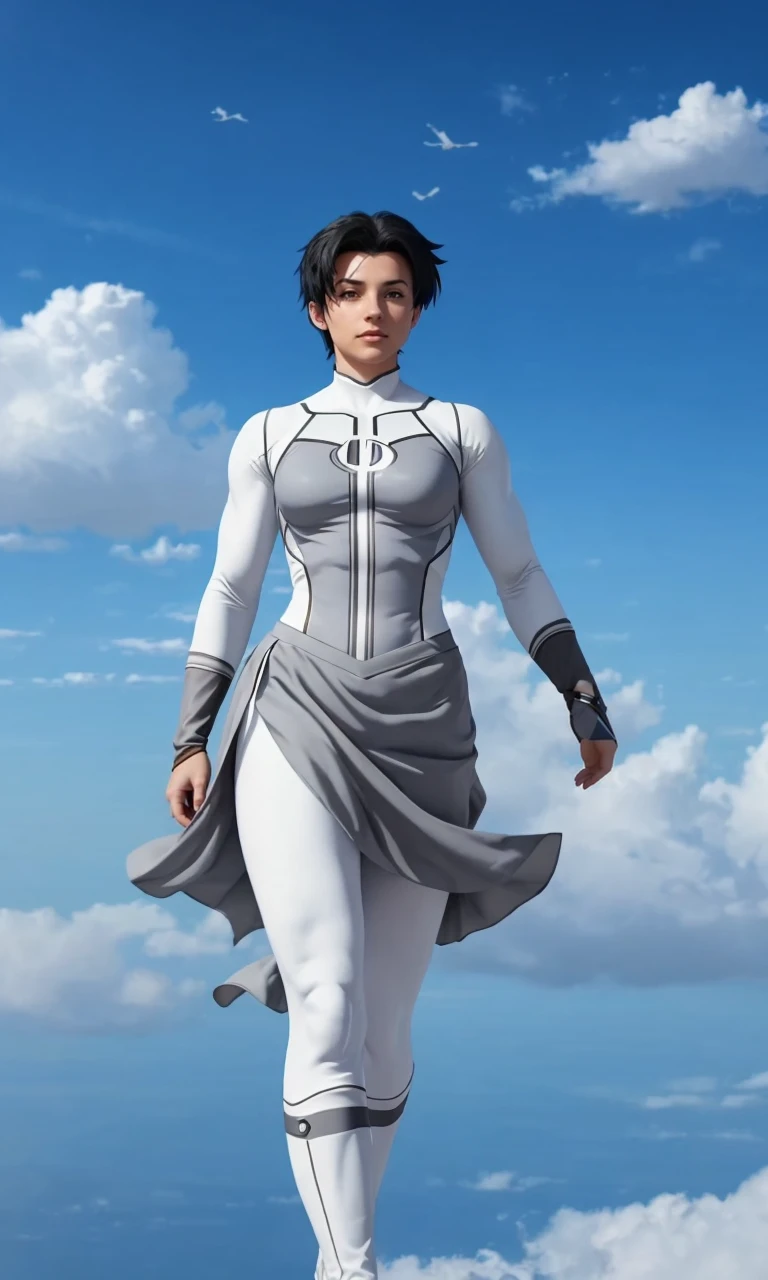 anissainv2024, 1girl floating through the sky, photorealistic, muscular, full body, best quality, masterpiece, grey and whit bodysuit, loin skirt, fingerless gloves, black hair, photorealistic,