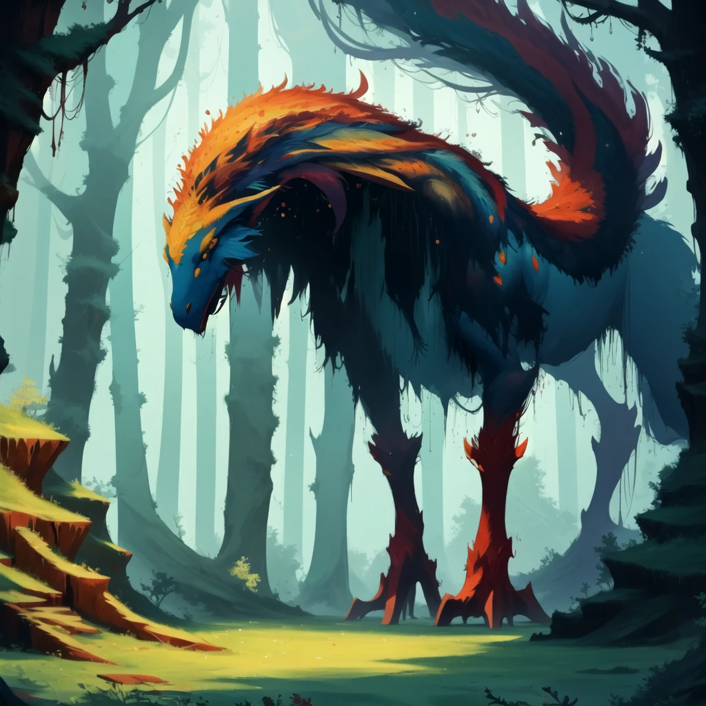 mythical forest monster, high quality, masterpiece, cinematic, rough painterly texture