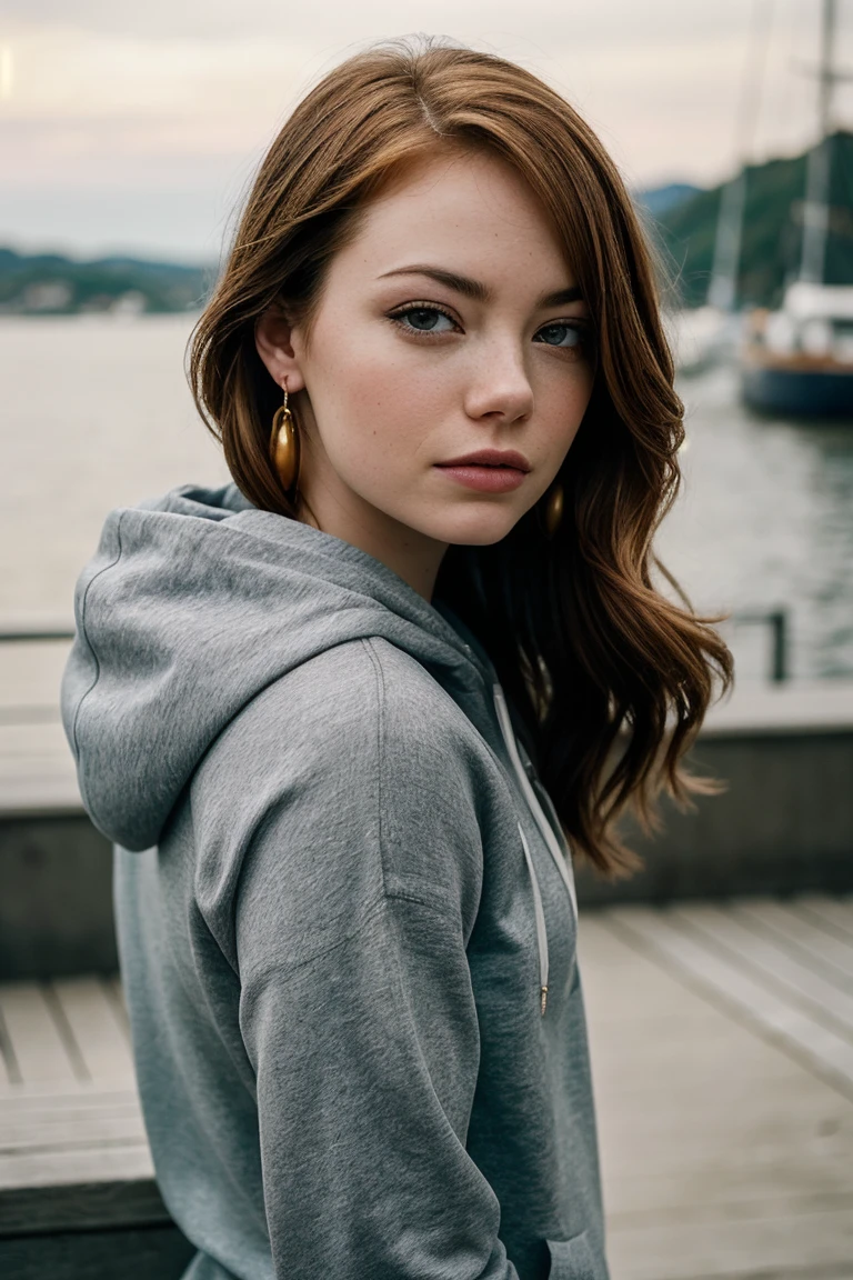 photo of gorgeous (emst0ne-135:0.99), a beautiful woman, (serious), perfect hair blowing in the wind, (award winning modern photography), (Asphalt Gray hoodie and sweatpants:1.1), closeup portrait, 85mm, (analog, cinematic, film grain:1.3), (A modern floating art therapy center, providing art therapy programs and workshops in a serene waterfront setting:1.2), detailed eyes, (epiCPhoto), earrings, eyeliner, (looking at viewer:1.2), (cinematic shot:1.3), ((sfw))