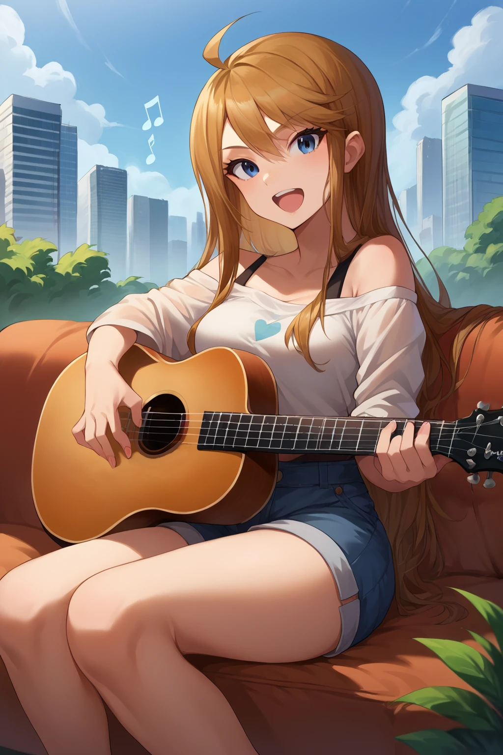 score_9, score_8_up, score_7_up, source_anime, cowboy shot, looking at viewer, mgmtkr, medium breasts, long hair, shirt, off shoulder, shorts, sitting, singing, playing instrument, acoustic guitar, outdoors, couch, horizon, skyline, <lora:Hoseki_Idolmaster_MegumiTokoro_PDXL_v1:1>