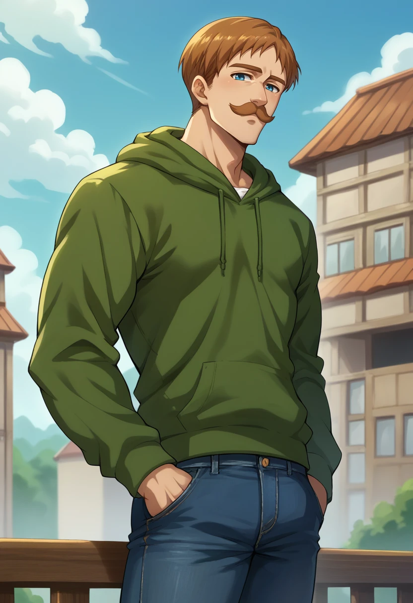 score_9, score_8_up, score_7_up, source_anime, 1boy, solo, Escanor, muscular, short hair, brown hair, mustache, blue eyes, hoodie, jeans, <lora:ChamEscanorPonyXL:1>