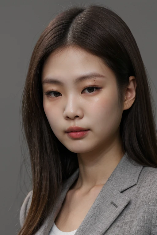 masterpiece, best quality, ultra-detailed, ultra high res, (photorealistic:1.4), raw photo, (realistic:0.2), 8k HDR, realistic lighting, 1girl, solo, asian, asymmetrical hair, (detailed pores), (detailed skin textures), (detailed face), (simple gray background :1.2), (upper body:1.2), black suits, close up,