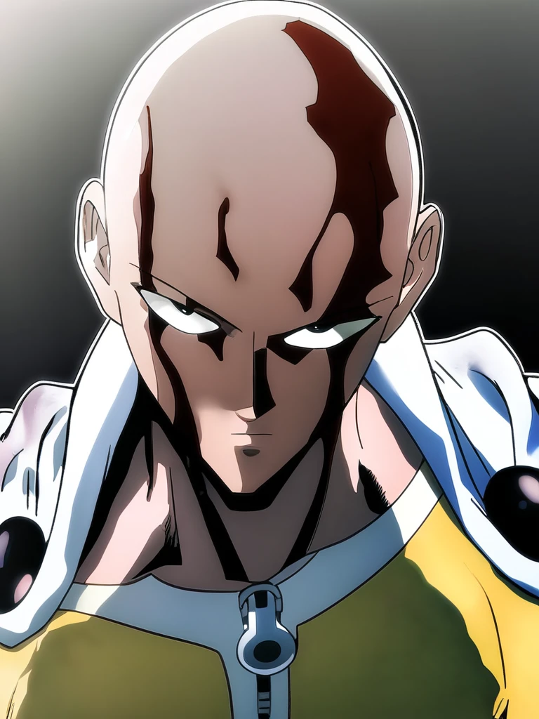 male focus, 1boy, saitama (one-punch man), bald, cape, looking at viewer, blood on face, upper body, closed mouth, black eyes, bodysuit, simple background, black background  <lora:saitama:1>