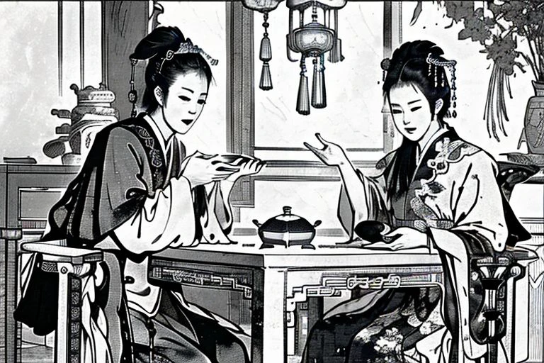 masterpiece, best quality, master piece, comicbook, fine art parody, ((greyscale)), 2girls, black hair, Chinese clothes, hair ornament, sitting at a stone table, red cape,  eating, indoor
 <lora:goodhands_Beta_Gtonero:0.7>  <lora:minicomic2:0.8>