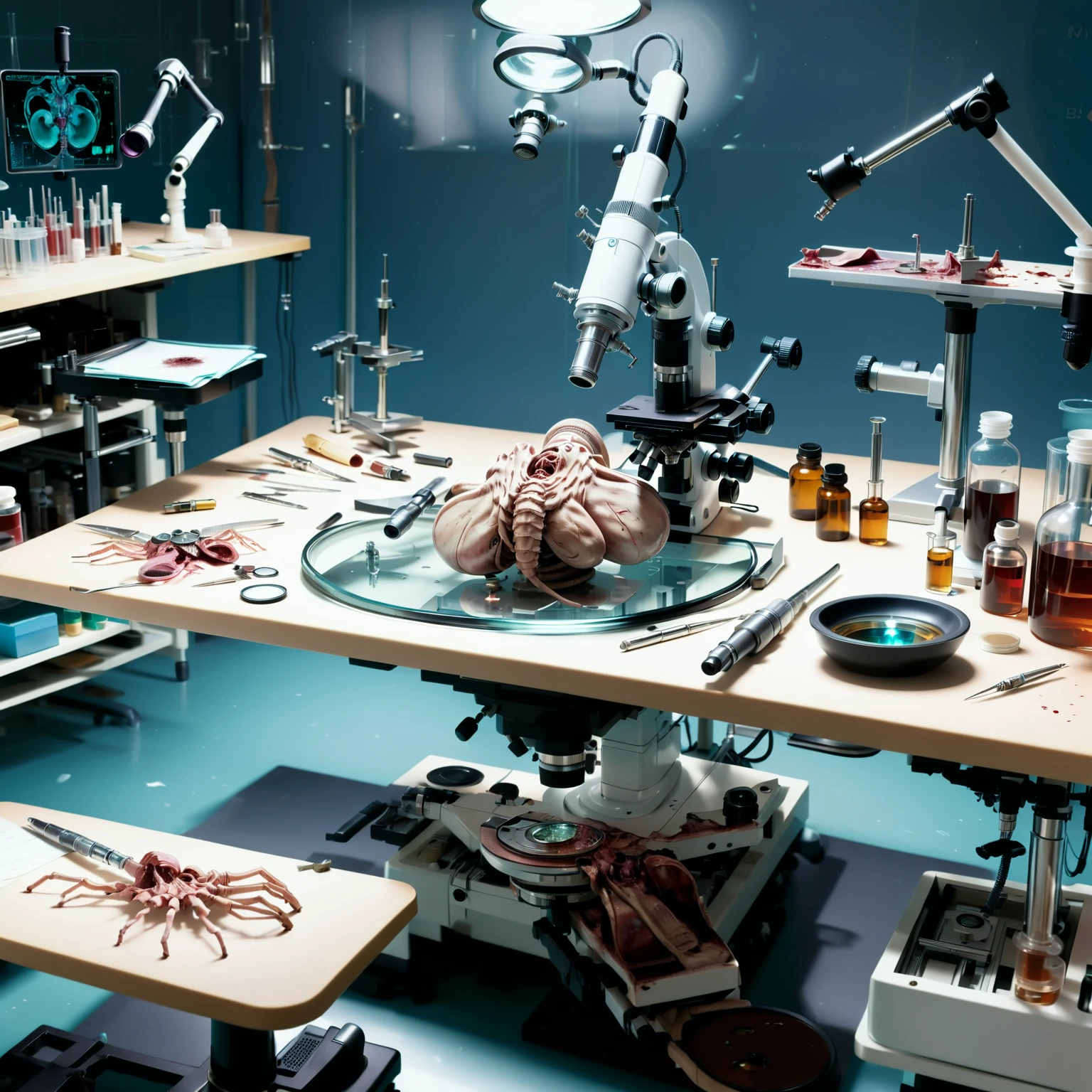 a dead fchgr on a laboratory table being dissected, science, laboratory, medical instruments, science fiction, microscope, magnifying glass,