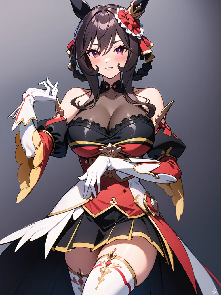 detailed clothes features,detailed face,masterpiece,highres,(cute girl:1.0), (clear skins:1.0), (simple background:1.0), gentildonna,breasts, blush, large breasts, simple background, hair ornament, gloves, cleavage, hair between eyes, bare shoulders,  detached sleeves, white gloves, hair rings,thighhighs,white thighhighs,medium hair, dress,black dress,red dress, long dress,<lora:gentildonna_v2:1>