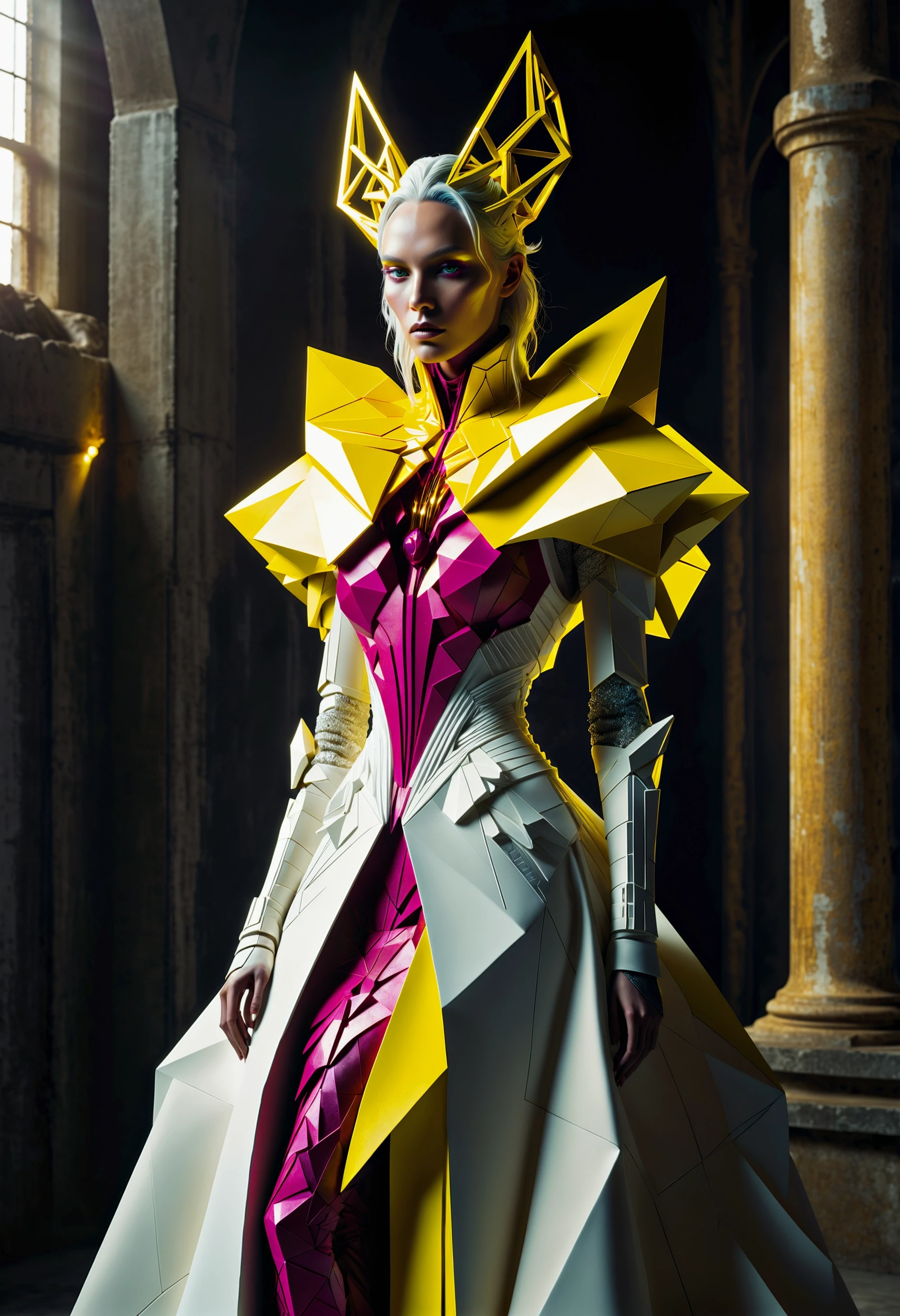 breathtaking cinematic photo editorial illustration, Clay model, hefty (futurcouture, geometric, fashion, avant-garde of Nature:1.2) Ice king, Sun Rays, Minecraft, Magenta and deep yellow neon hue, contest winner, Low Contrast, natural lighting, "Words, like butterflies, flutter from the pen, transforming thoughts into delicate works of art.", An intricate clay sculpture captures the essence of a futuristic ice king in a sunlit setting. The artist skillfully uses a palette of magenta and deep yellow neon hues to bring this avant-garde depiction of nature to life. The sculpture is set against a stark contrast background, allowing the vibrant colors and fine details to stand out. This masterpiece has won first place in a prestigious contest for editorial illustrations. The use of low contrast enhances the overall ambiance of the piece. A quote about artistry adds a touch of inspiration to the scene. . 35mm photograph, film, bokeh, professional, 4k, highly detailed . award-winning, professional, highly detailed