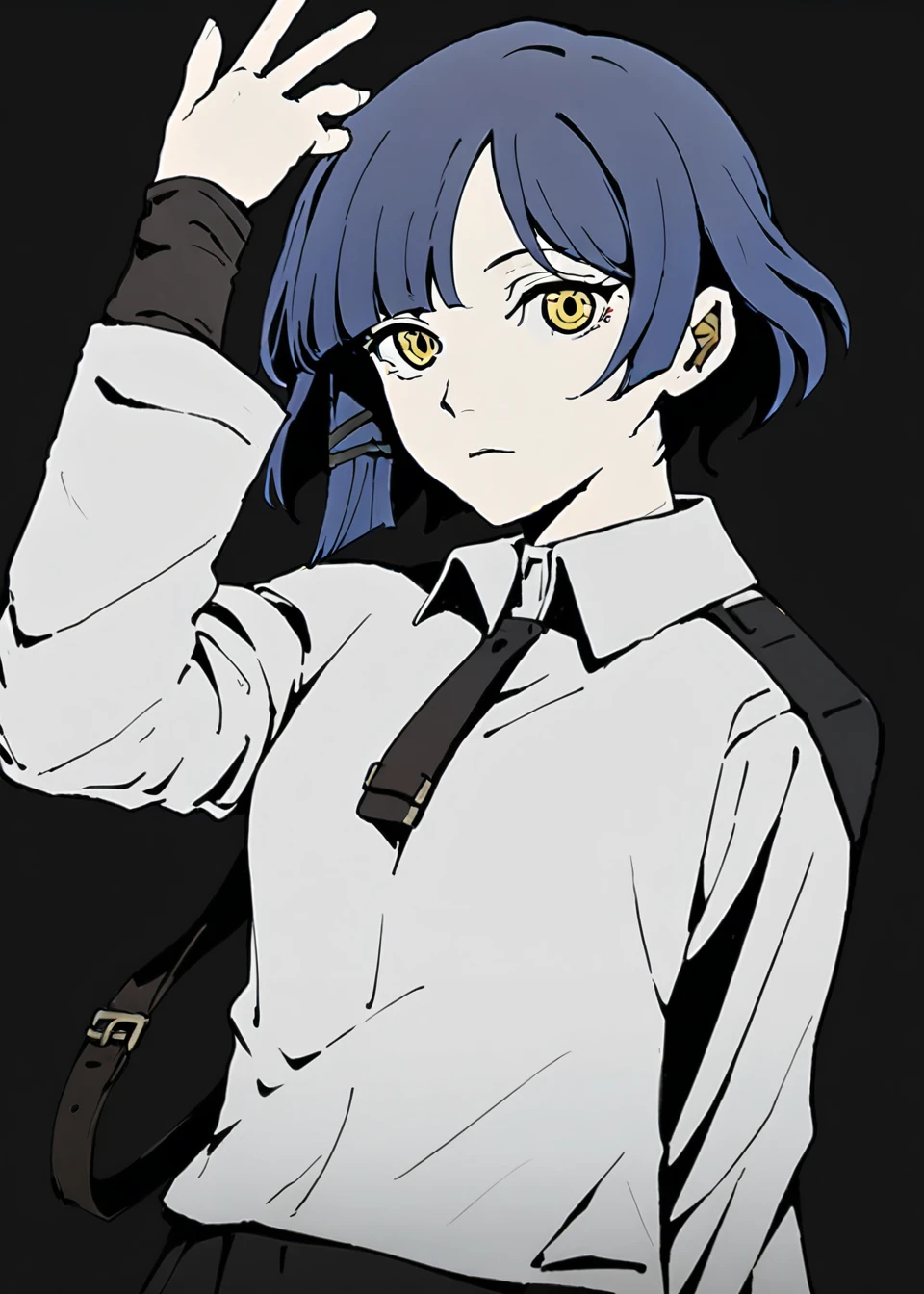 1girl,solo,yamada ryo,white shirt,blue hair,yellow eyes,looking at viewer,black background,newest,medium quality,general,masterpiece,   <lora:cytus_ii_v0.3:1>