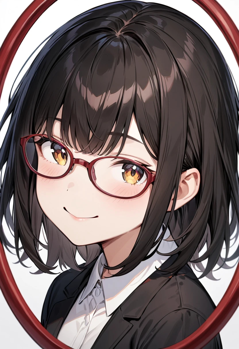 masterpiece, best quality, very aesthetic, absurdres,
1girl, solo, black hair, medium hair, smile, looking at viewer, upper body, collared shirt,
oval_cell, glasses, red-framed eyewear, 
white background, simple background,
 <lora:oval_glasses_cell-frame1_SDXL_V1:0.8>