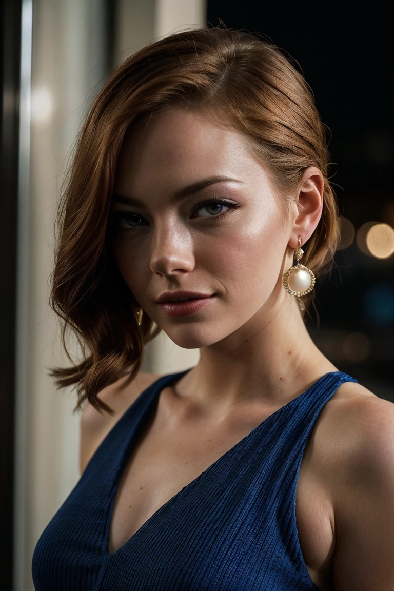 Beautiful redhead, blue eyes, Ponytail, Beautiful, in a club, serious expression, sexy, pretty, fancy dress, strong, thin nose, soft chin.