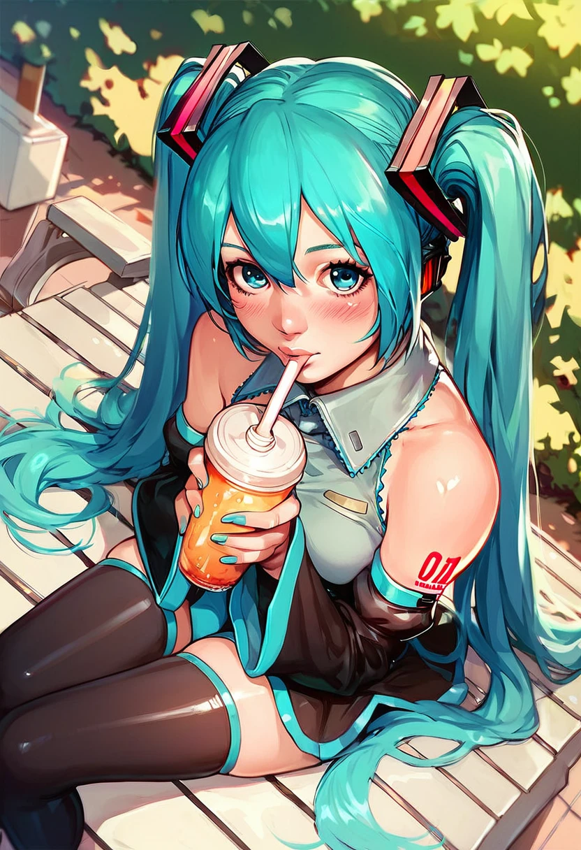 score_9, score_8_up,score_7_up,score_6_up, source_anime, rating_questionable, a girl is sitting on a park bench, drinking, hatsune miku, dutch angle, detached sleeves, thighhighs, looking at viewer, lips, blush, 
<lora:redlight_style_xl_v0:.8>