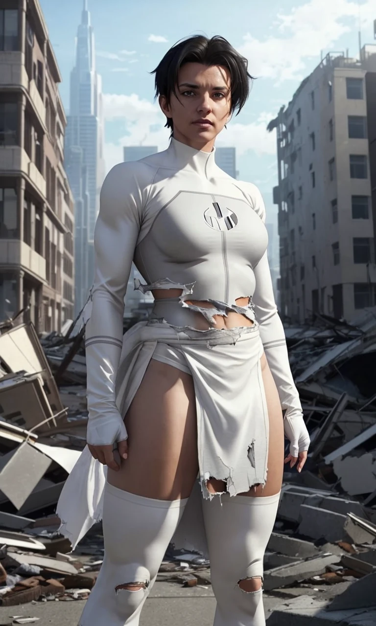 anissainv2024, 1girl standing in city, torn clothes, damaged city, photorealistic, muscular, full body, best quality, masterpiece, white bodysuit, grey loincloth,  white gloves, black hair, photorealistic, emblem, action pose, cinematic light