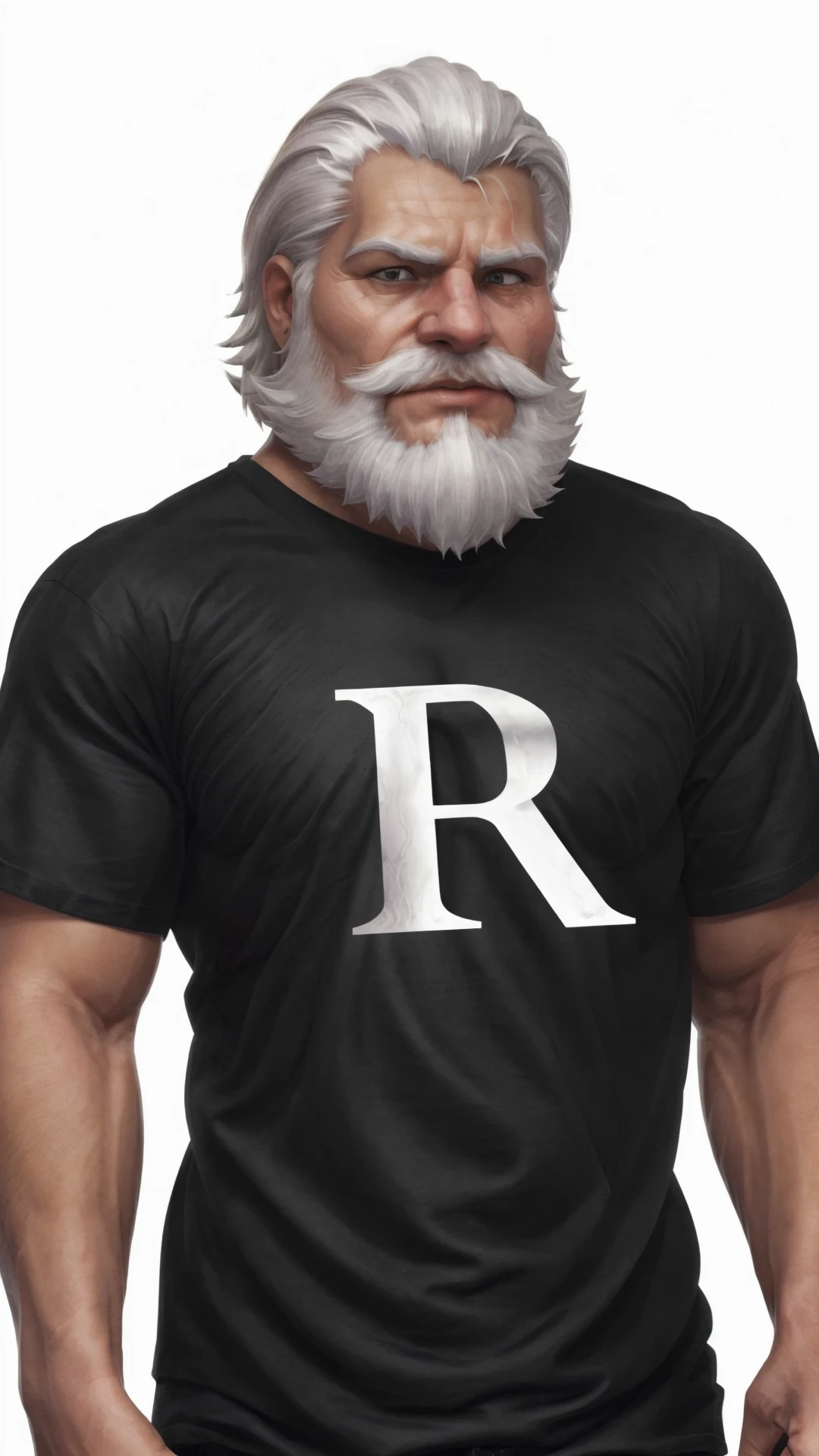 <lora:LettersOnShirt:1> letter R, R, dark grey shirt, <lora:n13-reinhardt-000009:0.8> reinhardt, 1boy, white hair, beard,