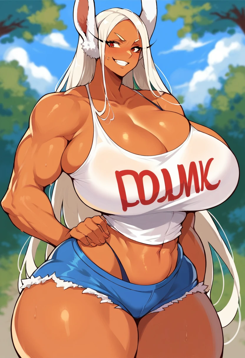 score_9, score_8_up, score_7_up, 1girl, female, huge breasts, wide hips, thick thighs, Mirko, tight clothes, tank top, booty shorts <lora:last:1>