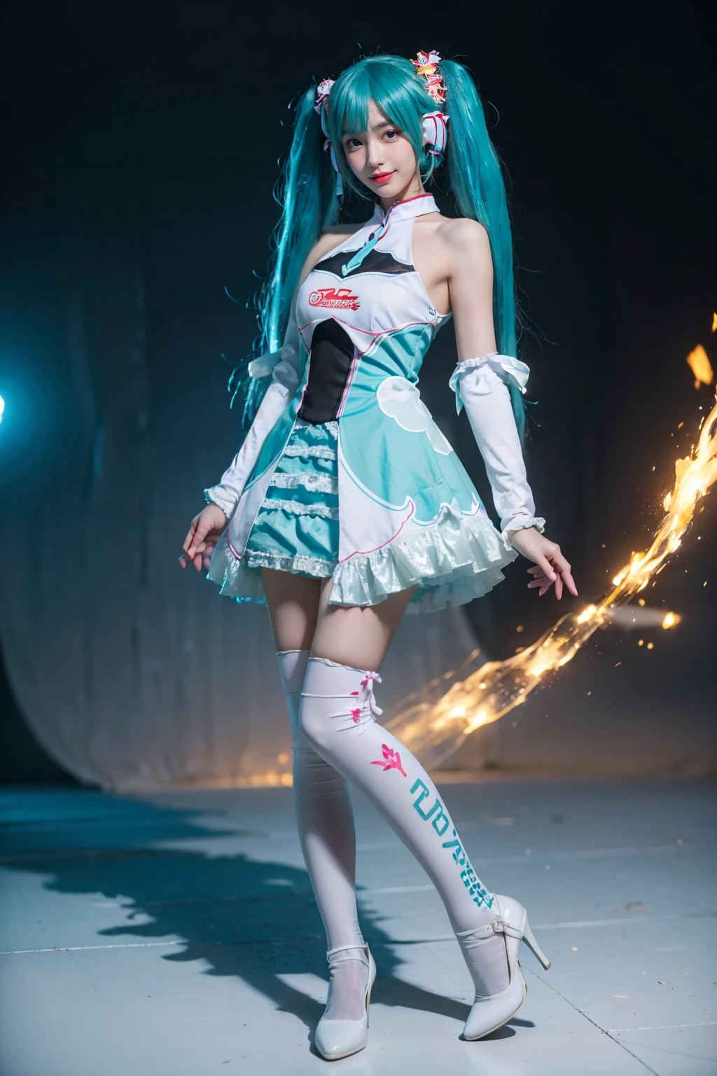 best quality, masterpiece, realistic, photorealistic, 1girl, solo, looking at viewer, smile, standing, full body, hatsune miku cosplay costume, cosplay, racing miku, hatsune miku, twintails, very long hair, aqua hair, hair ornament, dress, sleeveless, bare shoulders, detached sleeves, thighhighs, print legwear, high heels, <lora:miku_cosplay_Racing2017_v1:0.65>