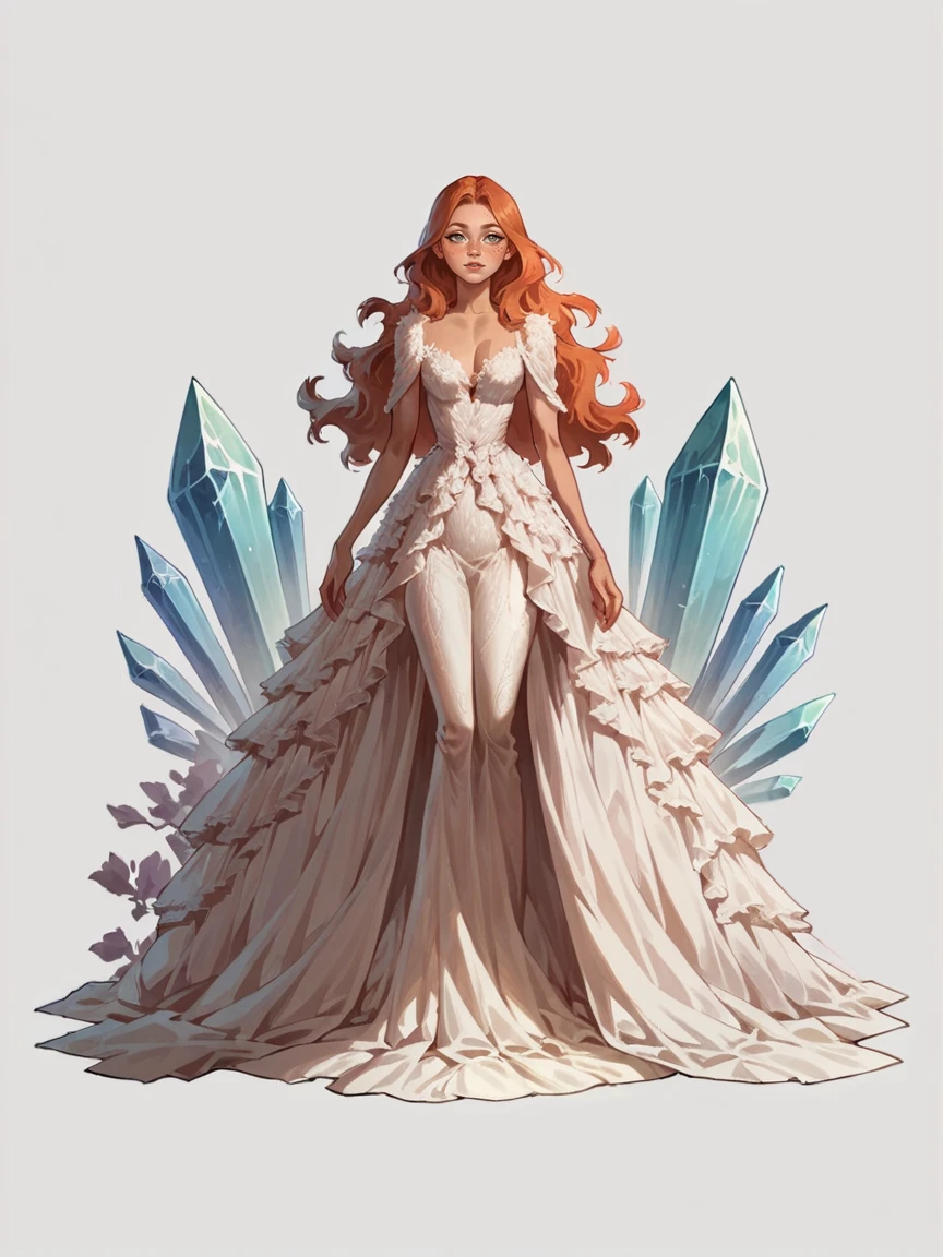 score_9, score_8_up, score_7_up, score_6_up, score_5_up, score_4_up, woman,  <lora:s4ltXLP2:0.5> s4lt, white gown, long hair, ginger hair, full body, crystals, purple, blue