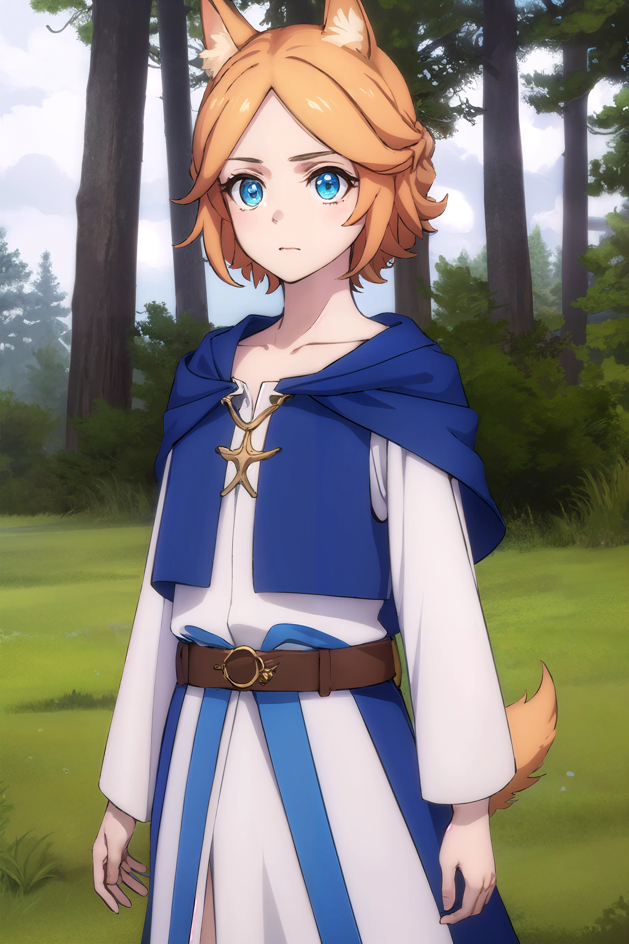 wyndia, <wyndia s3-lora-ivnaqn:1>, 1girl, short hair, light orange hair, animal ears, dog ears, dog tail, brown eyes,
BREAK shirt, white shirt, hoodie, blue hoodie, long sleeves, skirt, brown skirt, brown boots,
BREAK outdoors, forest, nature, sun, sky, trees, clouds, grass,
BREAK looking at viewer, (cowboy shot:1.5),
BREAK <lyco:GoodHands-beta2:1>, (masterpiece:1.2), best quality, high resolution, unity 8k wallpaper, (illustration:0.8), (beautiful detailed eyes:1.6), extremely detailed face, perfect lighting, extremely detailed CG, (perfect hands, perfect anatomy),