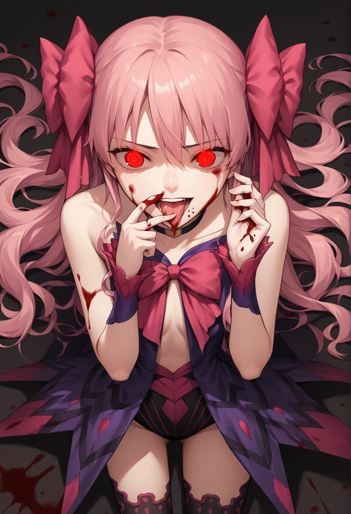 1girl, really long hair, pink hair, red eyes, mole under mouth, hair bow, choker, ribbon, leotard, center opening, bare shoulders, black thighhighs, wrist cuffs, close up. blood, blood stains, tongue out, saliva, glowing eyes, finger to mouth, from above, darkess, dark <lora:Apostle_Noel:1>, score_9, score_8_up, score_7_up, score_6_up, score_5_up, score_4_up, BREAK source_anime, masterpiece