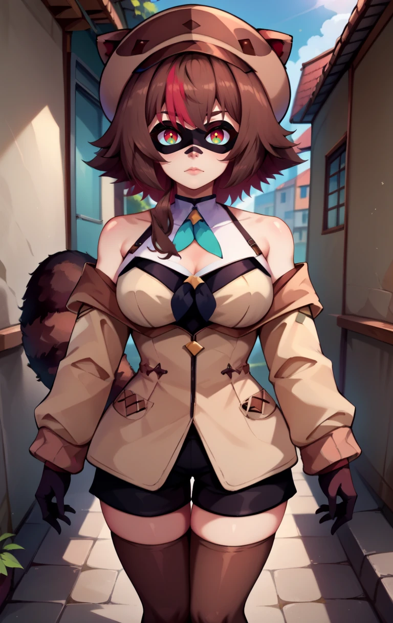 score_9, score_8_up, score_7_up, BREAK,   <lora:rakkun:1> RakkunVTSDXL, 1girl, solo, looking at viewer, short hair, brown hair, thighhighs, gloves, long sleeves, hat,  animal ears, bare shoulders, brown eyes, closed mouth, standing, jacket, tail,  red hair,  shorts,black gloves, off shoulder, black footwear, streaked hair, mask, black shorts, brown jacket, brown headwear, brown thighhighs, raccoon ears, raccoon tail, straight-on, raccoon girl, tanuki, cowboy shot,