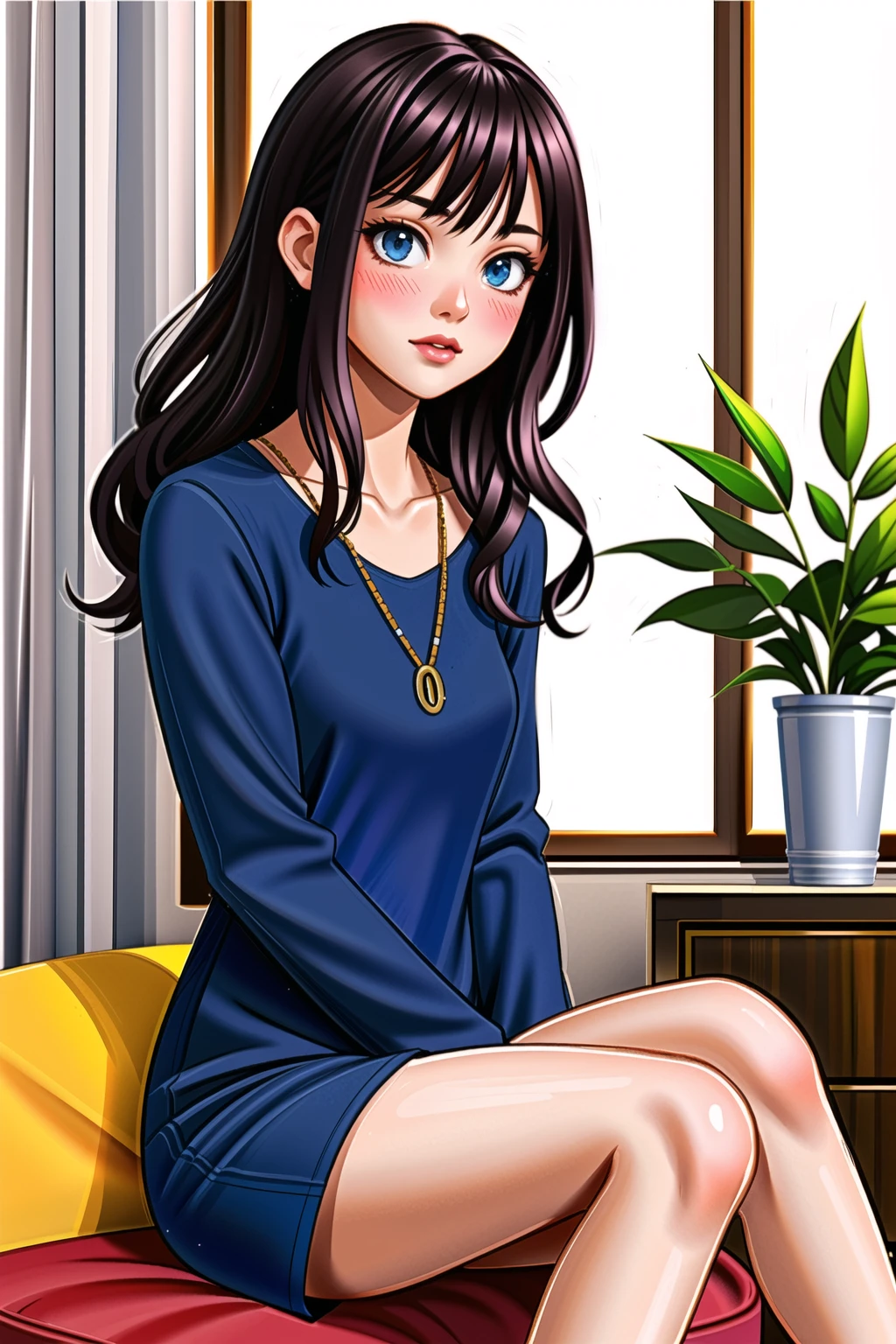 a beautiful college girl, irresistible, wearing relaxed mini dress, sitting in cozy living room, (casual:1.2), pale skin, blush, detailed skin, innocent, <lora:detail_slider_v4:1.5> <lora:btrelmidr:0.7>