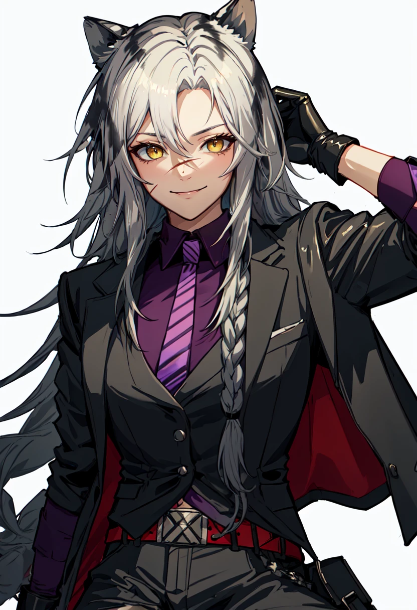 best quality, masterpiece, highres, solo, (indra_arknights:1.10), 1girl, collared shirt, looking at viewer, smile, official alternate costume, black jacket, black pants, single braid, striped necktie, purple necktie, purple shirt, simple background, white background, black vest, open jacket, belt, gloves, scar on nose, 4 <lora:indra_arknights:0.80>