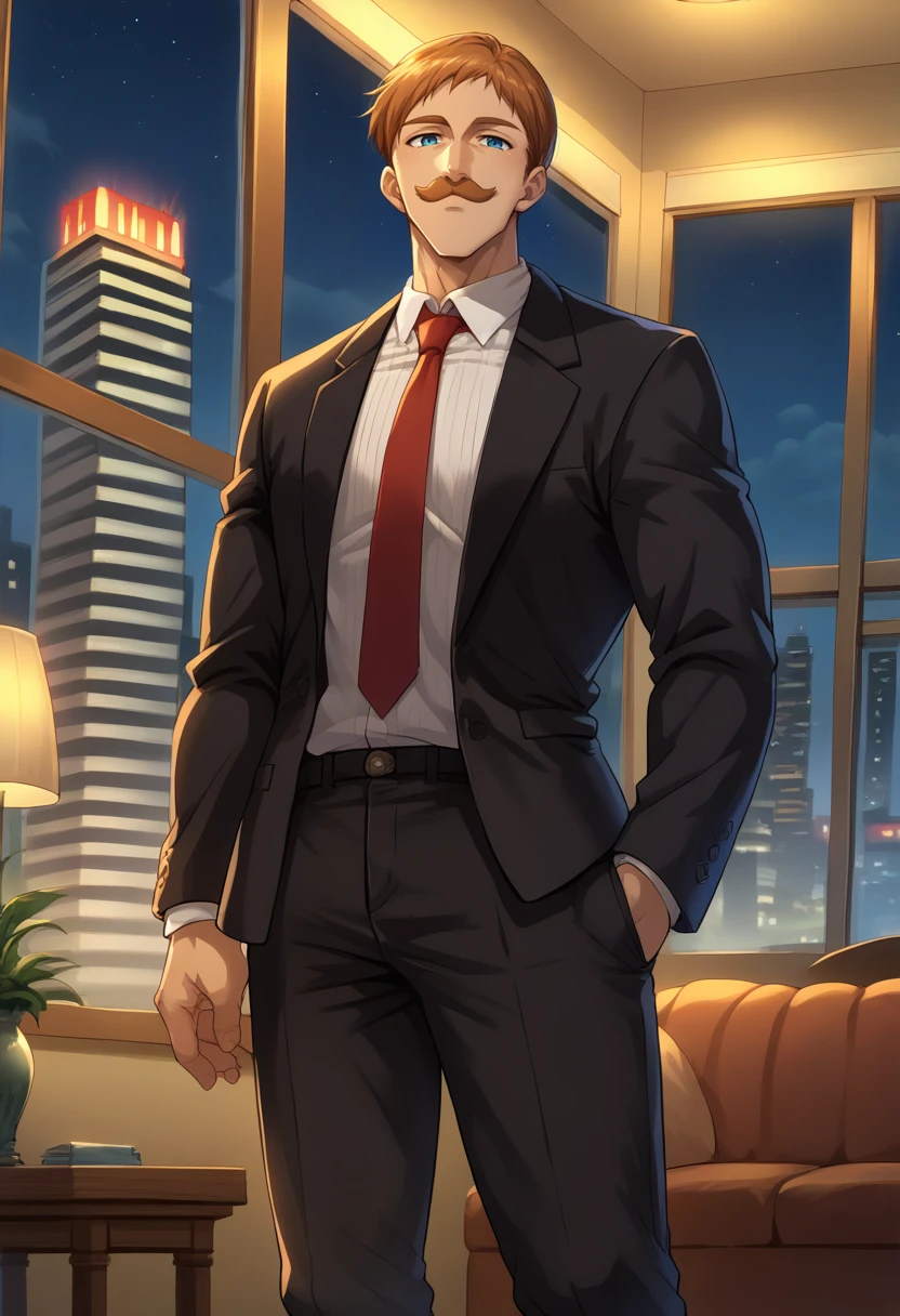 score_9, score_8_up, score_7_up, source_anime, 1boy, solo, Escanor, muscular, short hair, brown hair, mustache, blue eyes, standing, indoors, night, window, modern, skyline, formal, suit, black jacket, black pants, necktie, smile, <lora:ChamEscanorPonyXL:1>