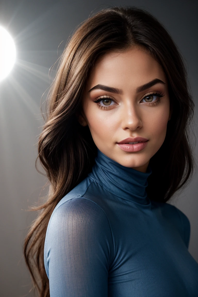 (Close-up Headshot:1.4) DV_S3_Sahara_Vicious ((Photo Focus, DOF, Aperture, insanely detailed and intricate, character, hypermaximalist, hyper realistic, super detailed, (lens flare))) BREAK (Yellow Room:1.4) BREAK (Blue Spandex Turtleneck and leggings:1.3) (smile:1.3) <lora:exposure_control_v10:-0.1> <lora:more_details:0.3> (volumetric smoke and lens flares and backlight:1.4)(facial close-up shot:1.3) (eyeliner, lipstick)