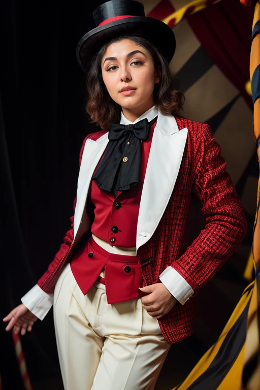 DEN_sera_onlyseraphinexxx
(performing in a (circus:1.2) wearing a red and black (blazer:1.1) and white (shirt:1.1) and cream (trousers:1.1) and black bow tie and (top hat:1.1), ring leader, circus:1.2),
bokeh, f1.4, 40mm, photorealistic, raw, 8k, textured skin, skin pores, intricate details  <lora:epi_noiseoffset2:1>, epiCRealism <lora:ClothingAdjuster3:-1>
