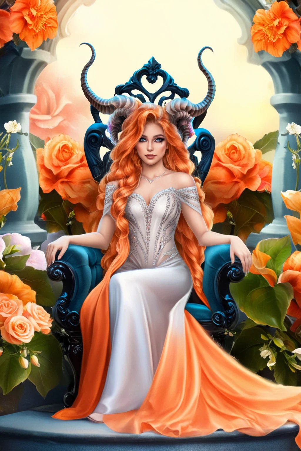 Dreamscape woman, orange long hair, grey eyes, two horns on the head, makeup, jewelry, clothes shine fashion dress, full body, sitting on the throne, flowers garden background  <lora:Lilith XL:0.9> lilith . Surreal, ethereal, dreamy, mysterious, fantasy, highly detailed