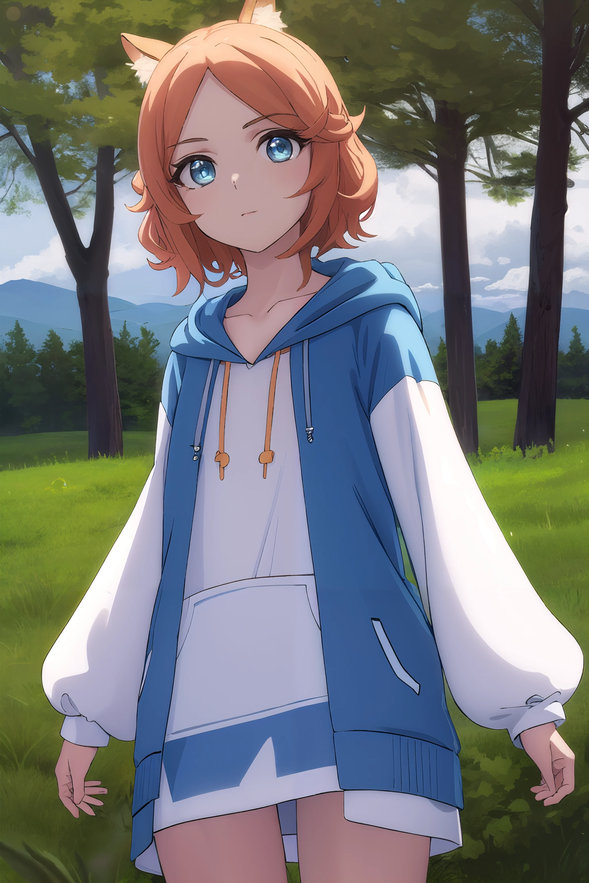 wyndia, <wyndia s3-lora-ivnaqn:1>, 1girl, short hair, light orange hair, animal ears, dog ears, dog tail, brown eyes,
BREAK shirt, white shirt, hoodie, blue hoodie, long sleeves, skirt, brown skirt, brown boots,
BREAK outdoors, forest, nature, sun, sky, trees, clouds, grass,
BREAK looking at viewer, (cowboy shot:1.5),
BREAK <lyco:GoodHands-beta2:1>, (masterpiece:1.2), best quality, high resolution, unity 8k wallpaper, (illustration:0.8), (beautiful detailed eyes:1.6), extremely detailed face, perfect lighting, extremely detailed CG, (perfect hands, perfect anatomy),