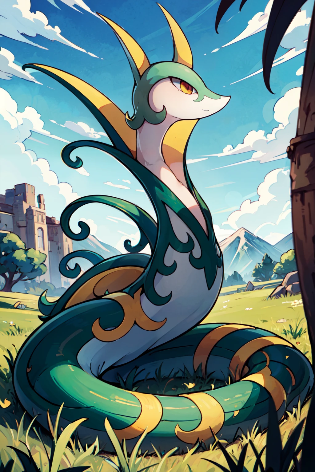 ((masterpiece,best quality)), absurdres,   serperior, animal focus, closed mouth, day, from side, full body, grass, no humans, outdoors, oyasuminjyutsu, pokemon (creature), snake,   <lora:Serperior_Gijinka:1.0>,