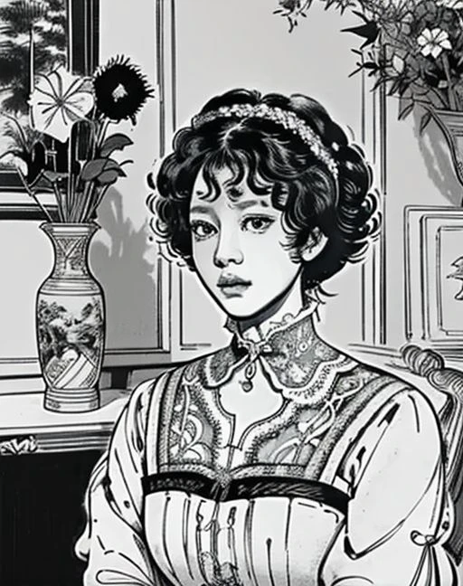 masterpiece, best quality, master piece, comicbook, fine art parody, greyscale, 1girl, ((short curly hair )), upper body, shirt with collar, lace brims, perfect face, indoor, vase, flowers
 <lora:goodhands_Beta_Gtonero:0.7>  <lora:minicomic2:0.8>