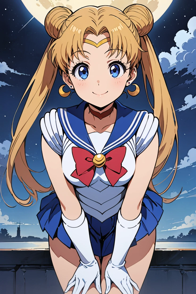 ((masterpiece,best quality)), highres, cute, eyelashes, upper body, smile, leaning forward, finger on lips, tsukino usagi, 1girl, solo, long hair, breasts, looking at viewer, smile, bangs, blue eyes, skirt, blonde hair, gloves, bow, twintails, jewelry, closed mouth, heart, cowboy shot, pleated skirt, earrings, sky, choker, elbow gloves, cloud, white gloves, sailor collar, hair bun, red bow, blue skirt, parted bangs, double bun, night, magical girl, moon, blue sailor collar, crescent, night sky, full moon, circlet, red choker, sailor senshi uniform, crescent earrings, tsukino usagi,