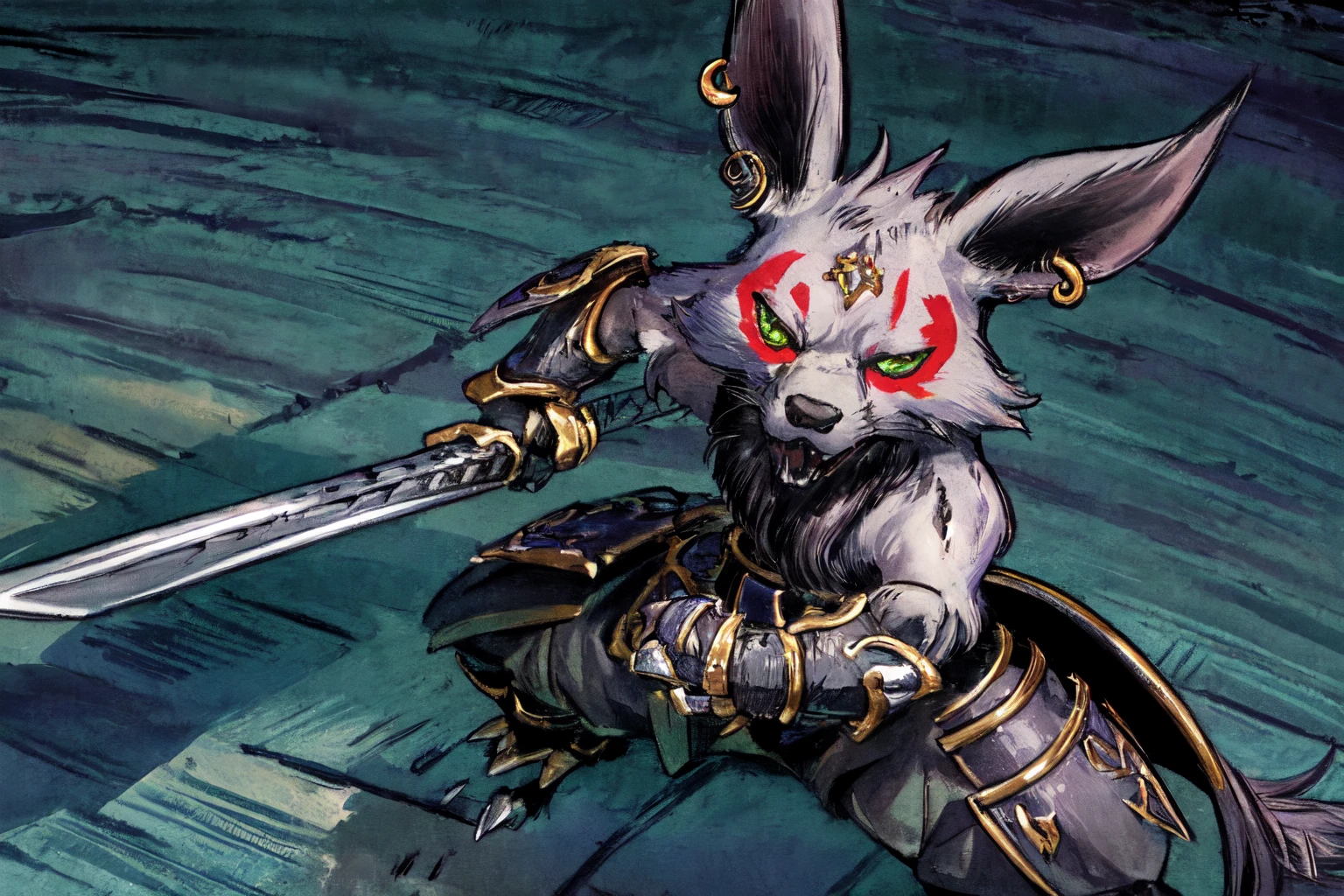 high detail skin, high detail eyes, high detail hair, highres, ultra detailed, sharpen picture, Highly detailed, masterpiece, best quality, photorealistic,
 <lora:ZarakLora:0.7>1boy, furry, long pointy ears, armor, no humans, gauntlets, fur:1.2, jewelry on forehead, claws, black pants, red facepaint, green eyes, earrings, dynacmic fighting stance, holding 2 katanas