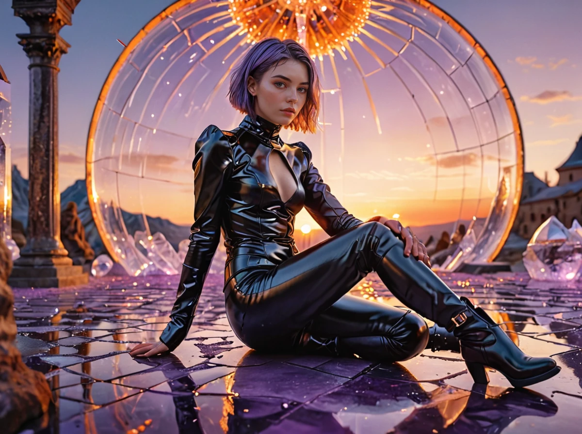 a woman looking at viewer sexy pose full body shot wearing black leather outfit with thigh-high boots,Pompadour haircut,split-color hair,Sharp focus,At the Crystal Labyrinth beneath the Shimmering Crystal Dome,Sunset sky with fiery orange and purple colors,Renaissance,Christian Schloe,Sofia Coppola,Ambient lighting,elegant highly detailed digital painting artstation concept art smooth sharp focus,film camera,back-light