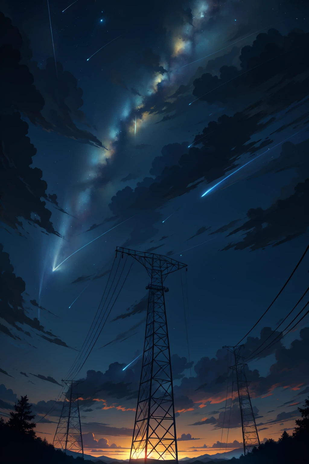 (masterpiece, best quality,best art,perfect detail:1.4),
dark blue sky, stars, power lines, 
a person on a transmission tower in the foreground,  matte painting, a matte painting, space art,
yellow meteor,<lora:meteorshower:0.6>blue meteor shower