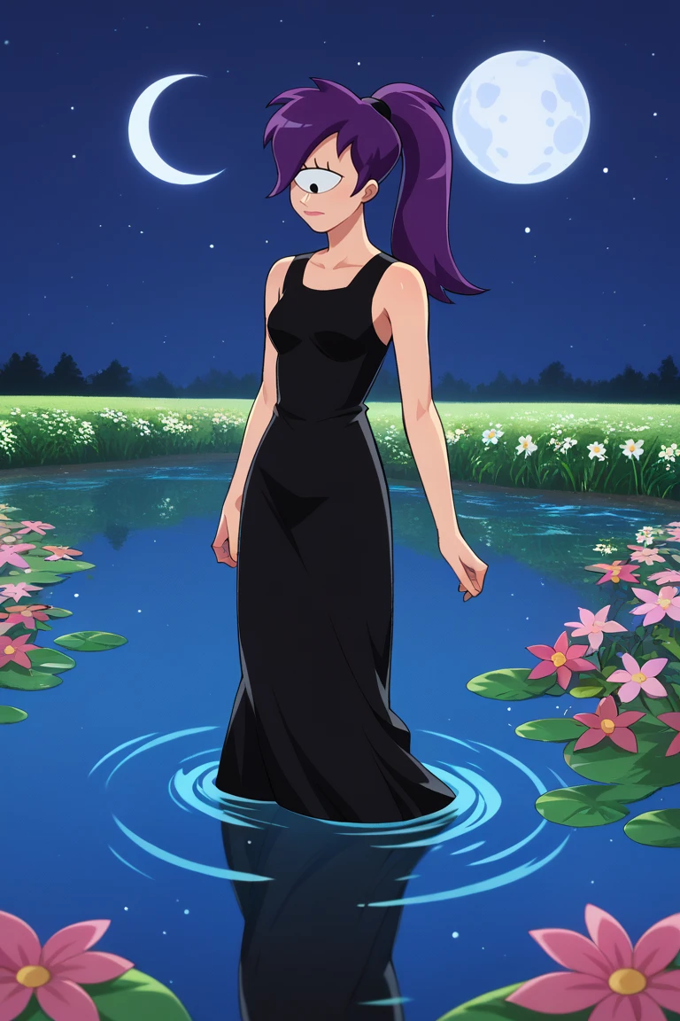 score_9, score_8_up, score_7_up, score_6_up BREAK, 1girl, solo, <lora:turangaleela-guy-PONYv1:.9>, turangaleela, one-eyed, ponytail, dress, flower field, river, reflection, wading, moon, night, night sky, moonlight,