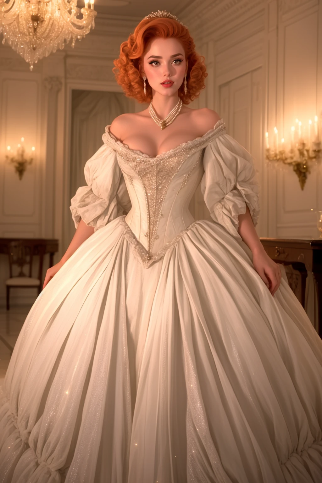 adult beautiful woman, <lora:Outfit_soph-MITIMChristine:0.8> dr3ss, white dress, tapered corset, (full body), sparkling, gem, pearls, curls, puffy sleeves, off-shoulder best quality, high quality, high detail, highres, 8k, eyeliner, eyeshadow, makeup, glitter lips ginger hair grand hall,