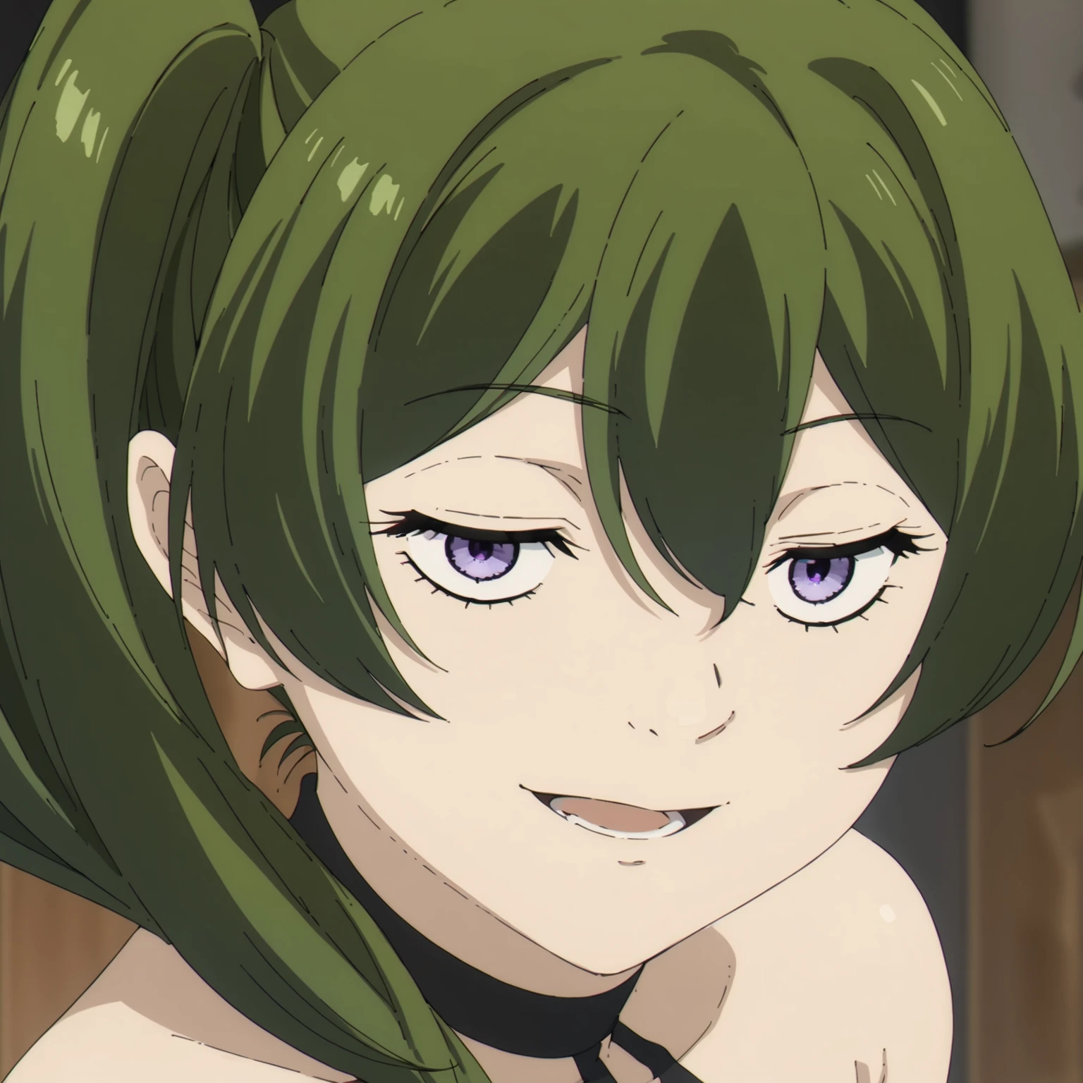 <lora:UbelXLpony006>,smirk,open mouth,
solo,
source_anime,score_9,score_8_up,
Ubel,1girl,green hair,Side ponytail,purple eyes,
halter black dress,sleeveless,
close-up,