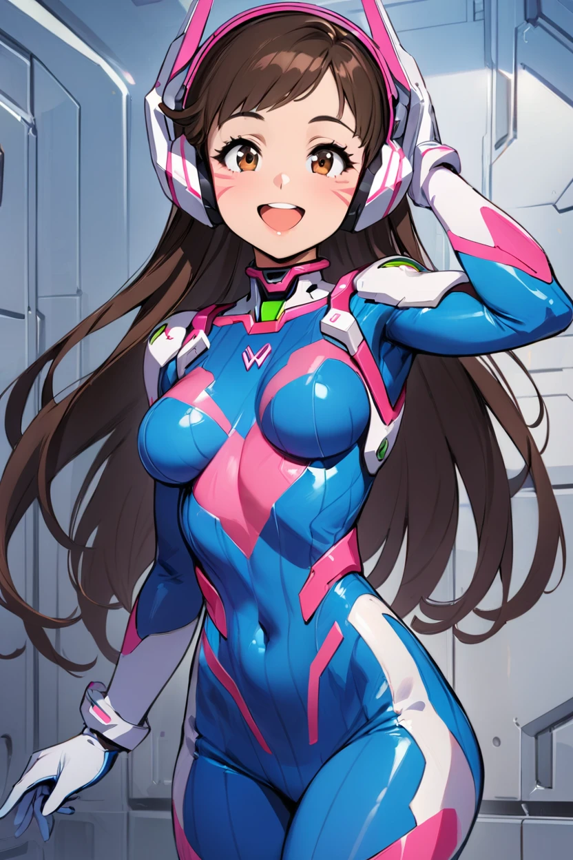 ((masterpiece,best quality)), highres, cute, curvy, eyelashes, upper body, big smile, d.va (overwatch), 1girl, solo, long hair, breasts, looking at viewer, smile, open mouth, bangs, brown hair, gloves, brown eyes, medium breasts, :d, cowboy shot, white gloves, bodysuit, covered navel, headphones, facial mark, animal print, mecha, skin tight, pilot suit, whisker markings, facepaint, blue bodysuit, bunny print, ribbed blue bodysuit,