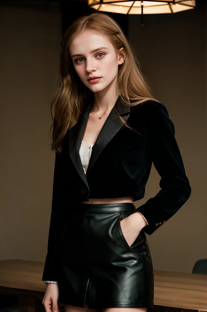 tv_Daria_MXAI, ,  , angry expression, wearing a pencil skirt, wearing a dress shirt, wearing a blazer, standing at the edge of a conference table, shot from below, ((cowboy shot)),, 8k resolution, highres, high detail, sharp focus, detailed skin,  8k uhd, bokeh, analog photography