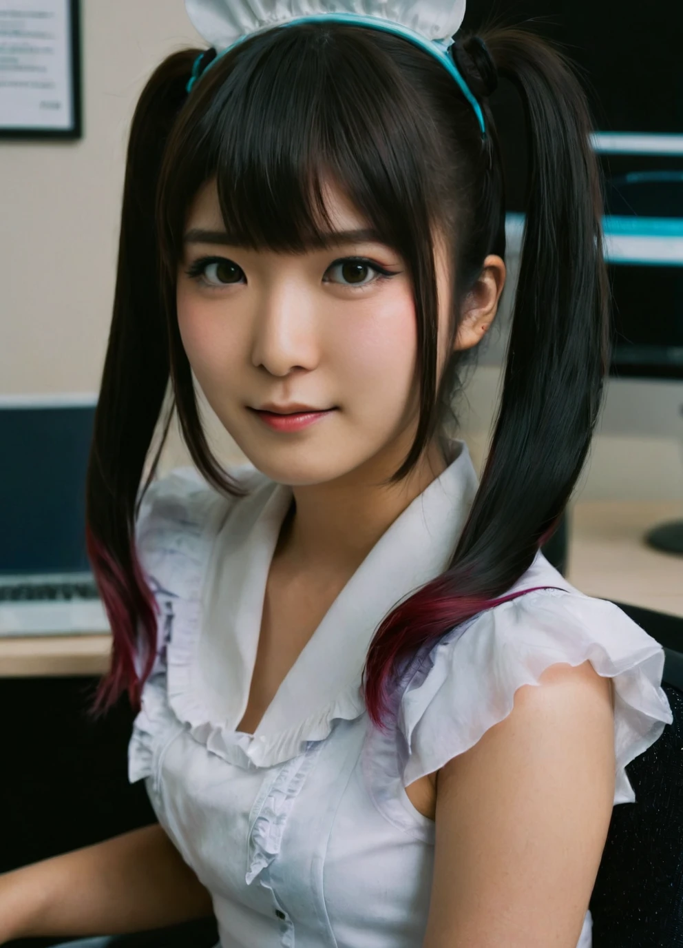 a beautiful picture of mikuKobatoXL, detailed skin texture,masterpiece, photorealistic, asian idol girl, RAW color photo,(fully in frame:1.1), (goosebumps:0.5), detailed face,cute,twintails,office,chair,desk,computers,<lora:mikuKobatoXL:1>,maid outfit,sending smile,dark hair