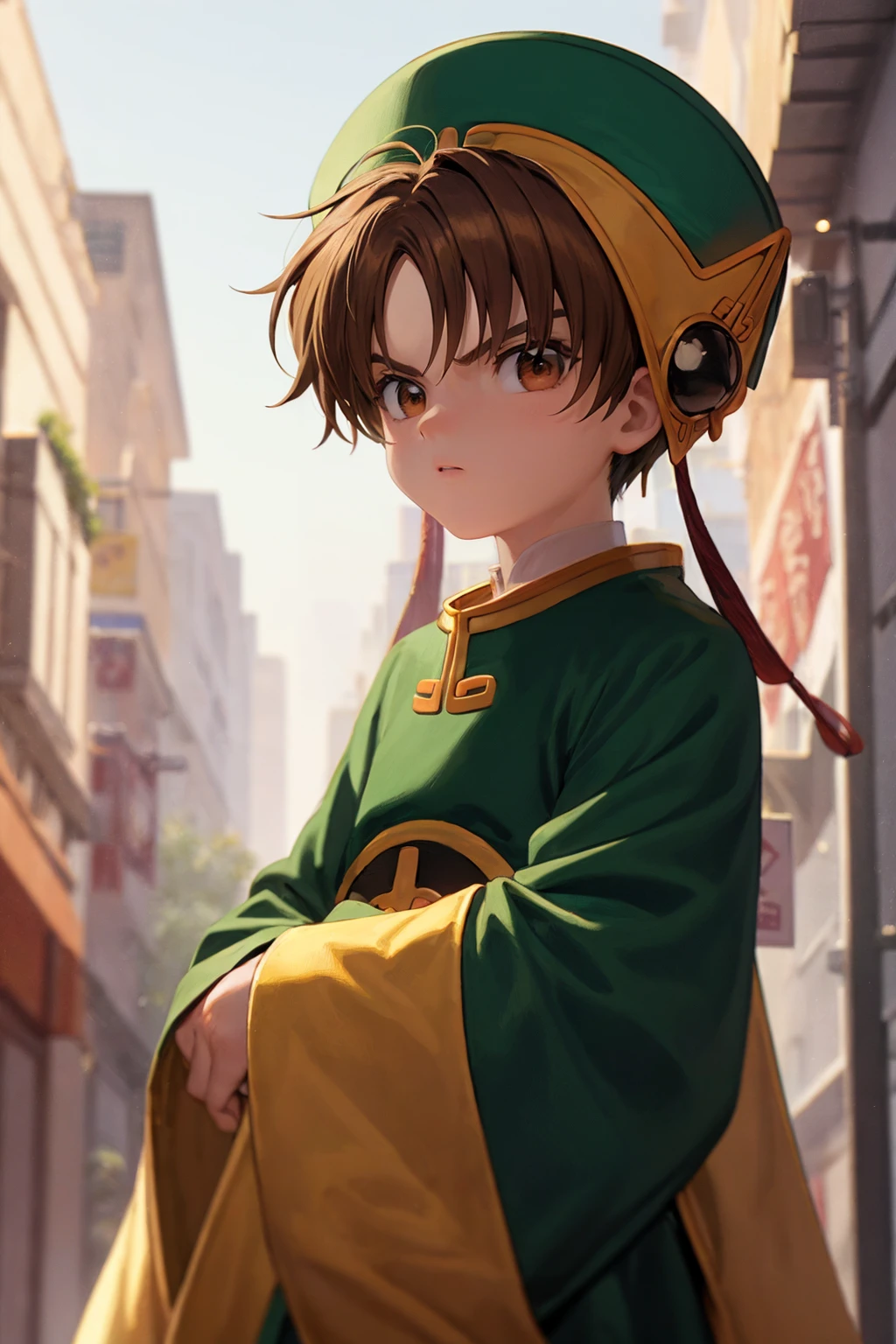 masterpiece, best quality,
1boy, lisayaoran, brown hair, brown eyes, green hat, cerominal clothes, battle costume, green chinese clothes, wide sleeves,
serious, upper body, solo, looking at viewer, outdoors, street background   <lora:LiSyaoran:1>