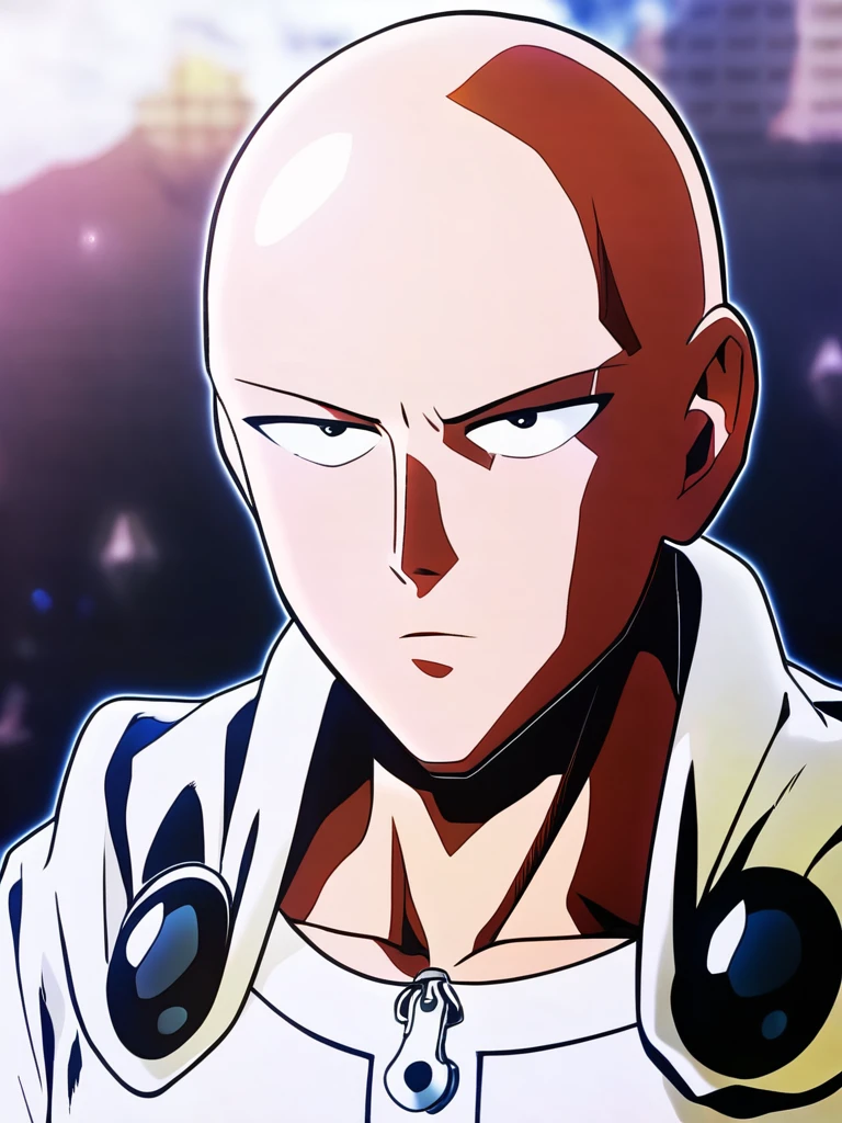 bald, saitama (one-punch man), male focus, 1boy, white cape, upper body, zipper, blurry background, closed mouth, multiple boys, looking at viewer,  <lora:saitama:0.8>