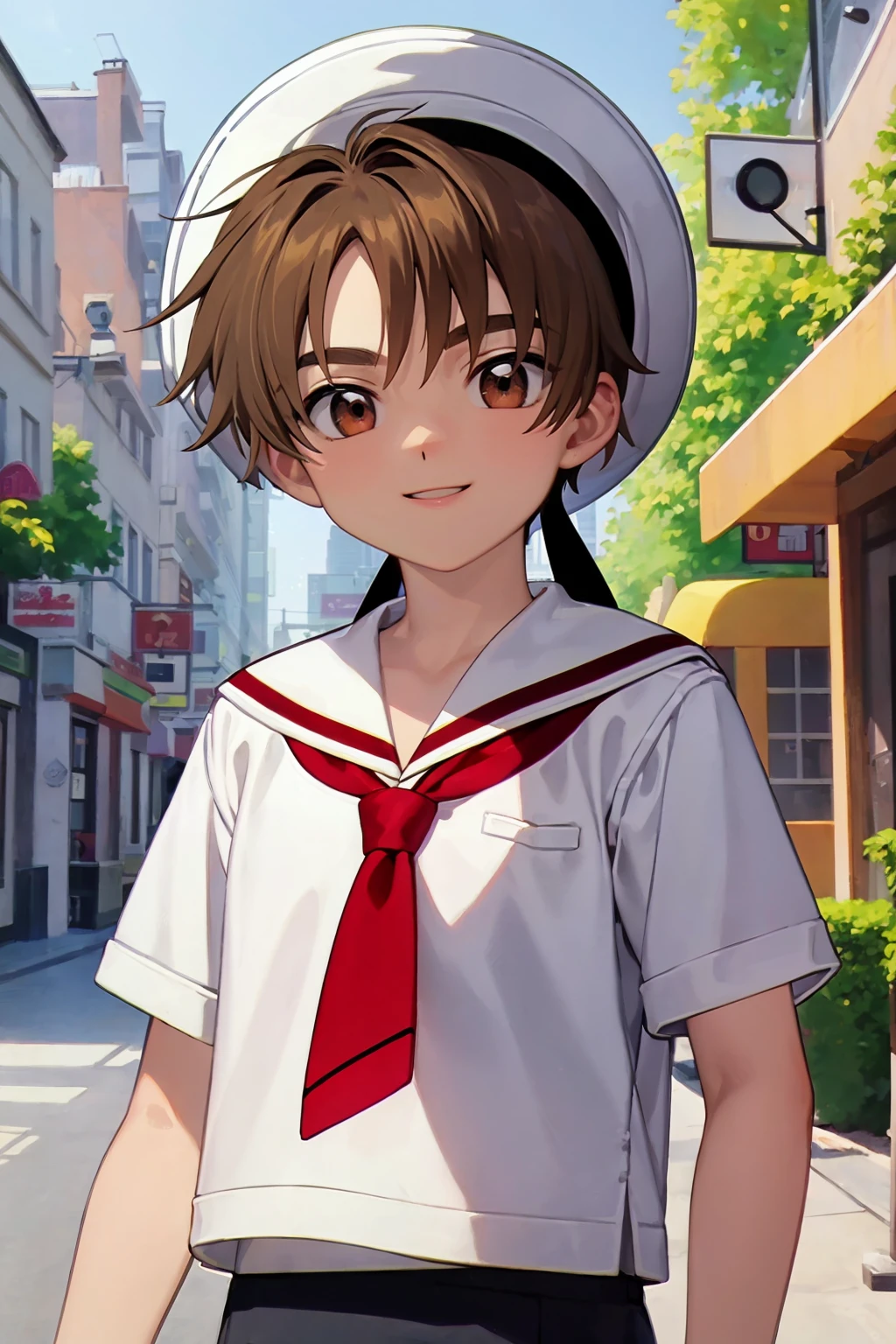 masterpiece, best quality,
1boy, lisayaoran, brown hair, brow eyes, sailor hat, short sleeves, shorts, white shirt,
smile,  upper body, solo, looking at viewer, outdoors, street background   <lora:LiSyaoran:1>