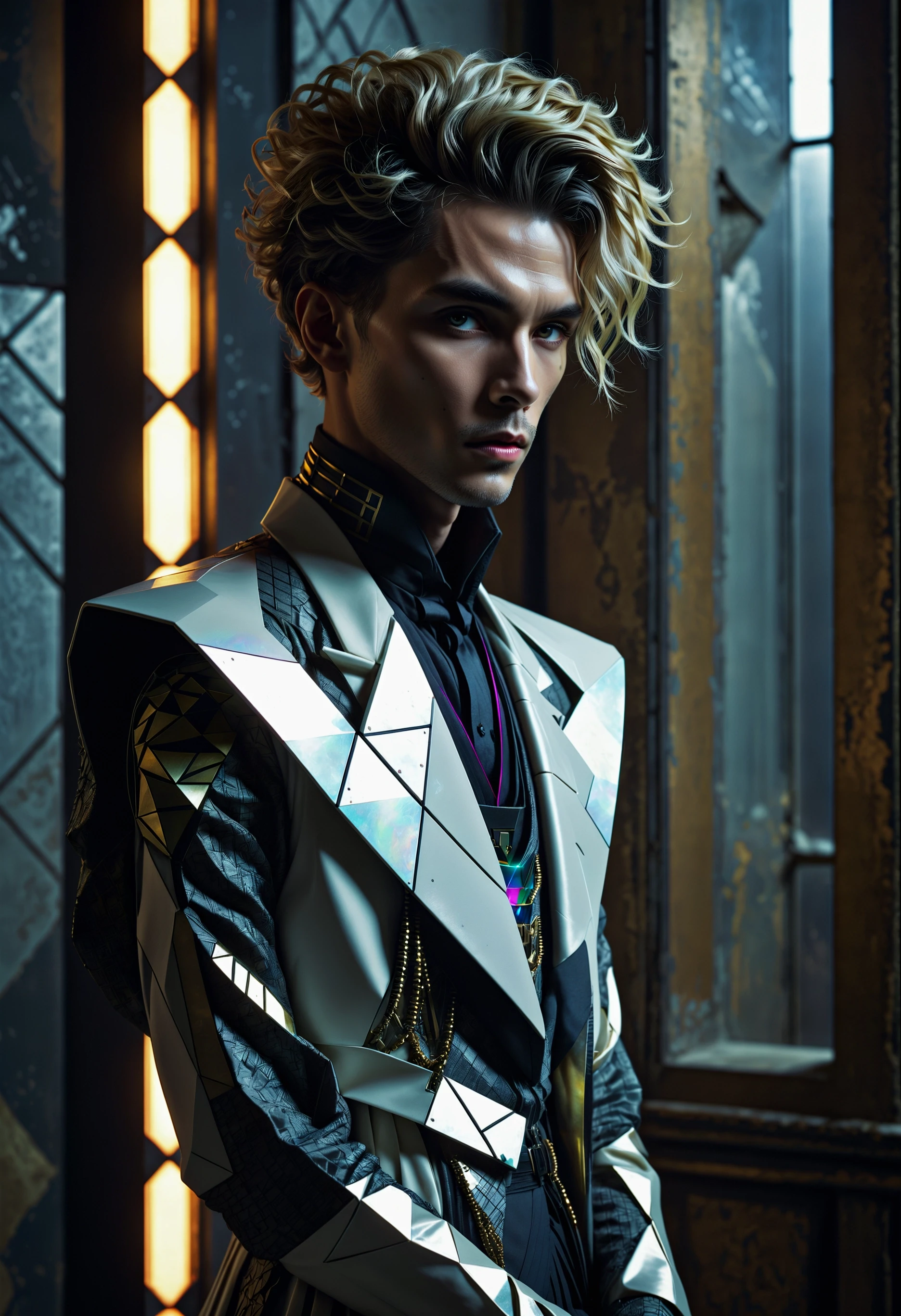 breathtaking cinematic photo Synthwave Art, Film Washi, Moonlit, Portrait, futurcouture, geometric, fashion, avant-garde, dressed in Edwardian clothing, his hair is Incredibly Detailed, dtx, side lit, A young man exudes an air of synthwave artistry against a film noir backdrop. His attire mirrors the Edwardian era while his hairstyle adds a touch of modernity. The portrait is rendered in a geometric style, reminiscent of avant-garde fashion trends. The lighting highlights his features subtly, creating an atmospheric mood that complements the futuristic theme of the artwork. The overall composition showcases meticulous attention to detail and an innovative approach to portraiture. . 35mm photograph, film, bokeh, professional, 4k, highly detailed . award-winning, professional, highly detailed