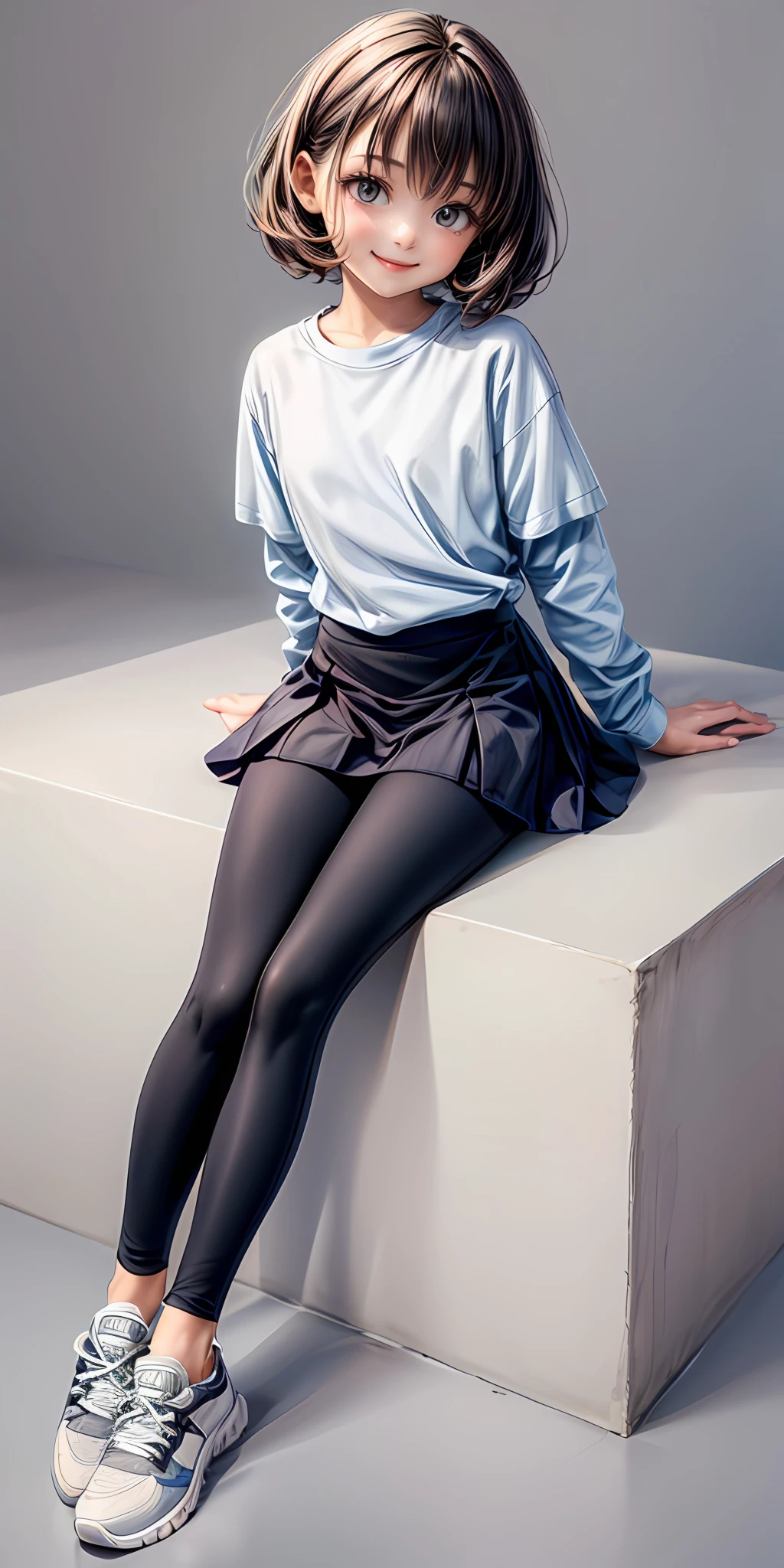 (masterpiece,ultra-detailed,best quality,8K,CG,illustration,shaved:1.0),(petite girl:1.0) <lora:more_details:1>, simple background, smile
 <lora:leggings v1.0:0.5> jyojifuku, leggings, shirts , skirt , sneakers , crouch