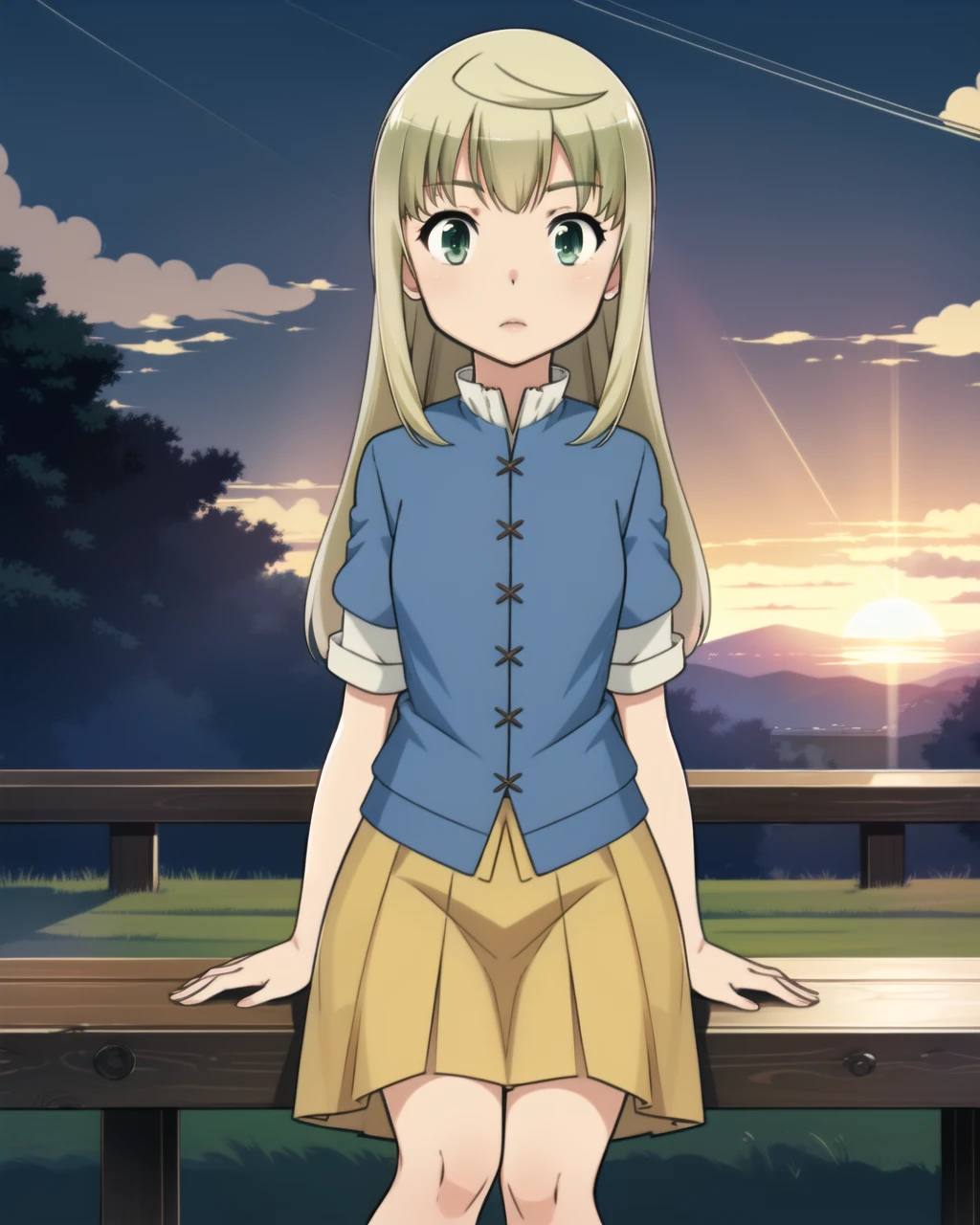 masterpiece, high quality, cowboy shot, 1girl, pmmmtart, sitting, blonde hair, long hair, ahoge, green eyes, white shirt, blue jacket, yellow skirt, outdoors, park, evening, sunglare, sky, clouds, lantern, <lora:pmmmtart-000008:0.85>