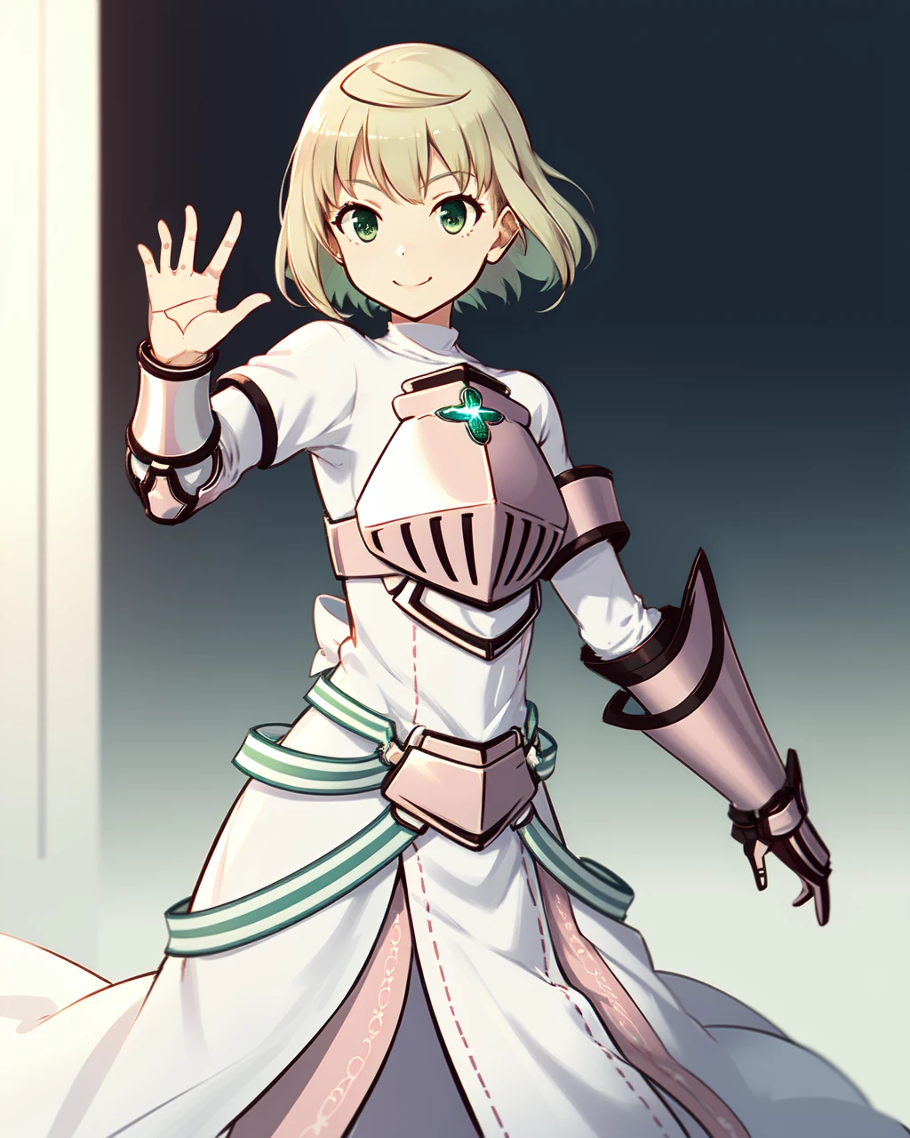 masterpiece, high quality, medium shot, upper body, 1girl, pmmmtart, standing, dynamic pose, blonde hair, short hair, ahoge, green eyes, pink breastplate, green gem on chest, pink dress, pink armor, white belt, light smile,  <lora:pmmmtart-000008:0.8>